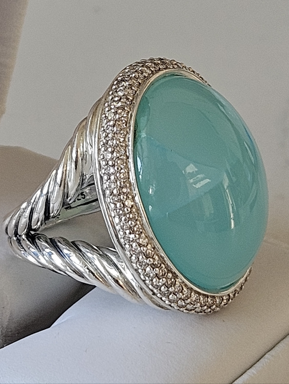 David Yurman 24mm Signature Oval Aqua Chalcedony Diamond Statement Cocktail Ring